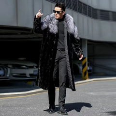 Men's Faux Mink Long Fur Coat Winter Jacket with Fur Collar – Black, Plus Size