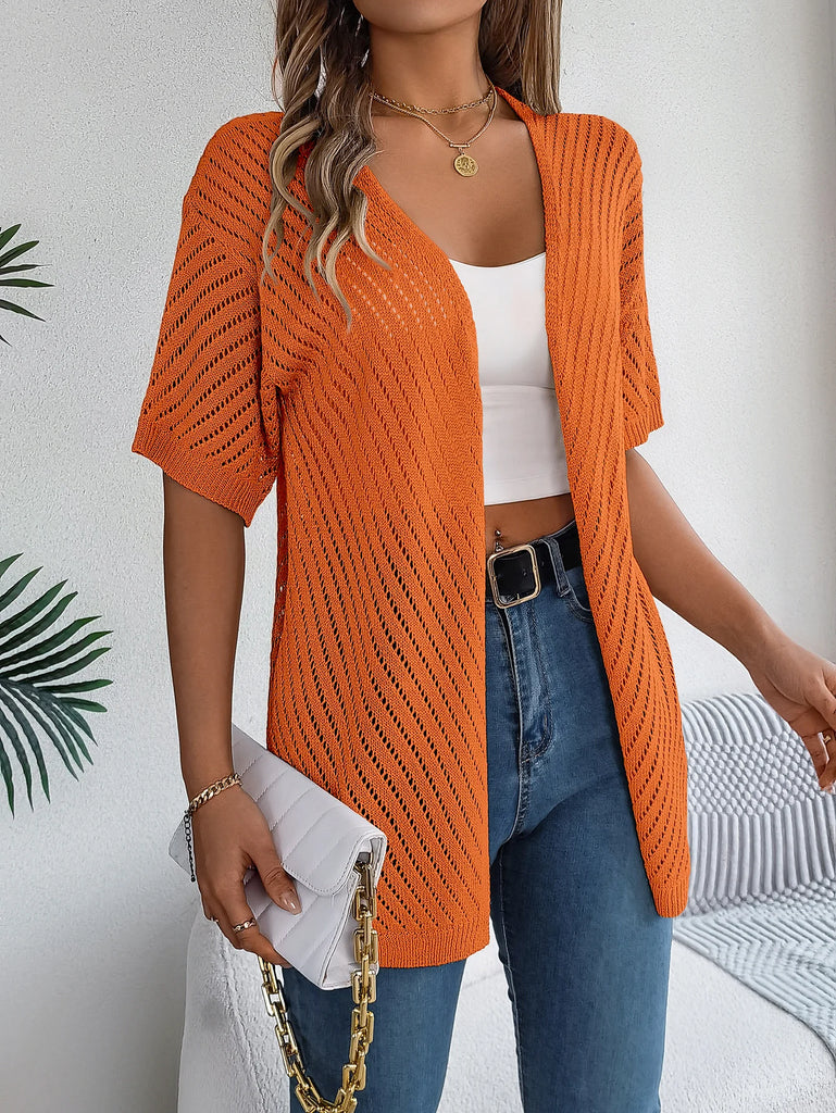 Casual Hollow Out Knitted Short Sleeve Cardigan for Women