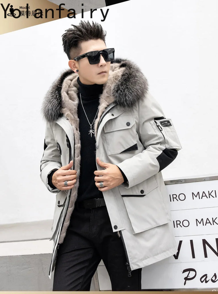 Real Mink Fur Inner Coat Men 90% Down 10% Feather Winter Mid-Length Jacket with Hood and Fox Fur Collar