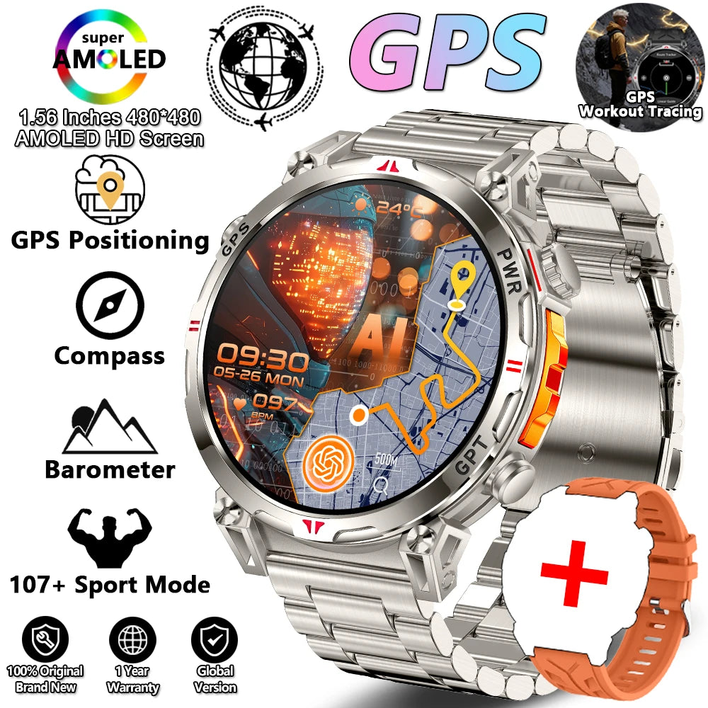 Outdoor Sports Smartwatch for Men – GPS, 1.56-inch AMOLED, 5ATM Waterproof, 650mAh Battery, Compass & HD Call
