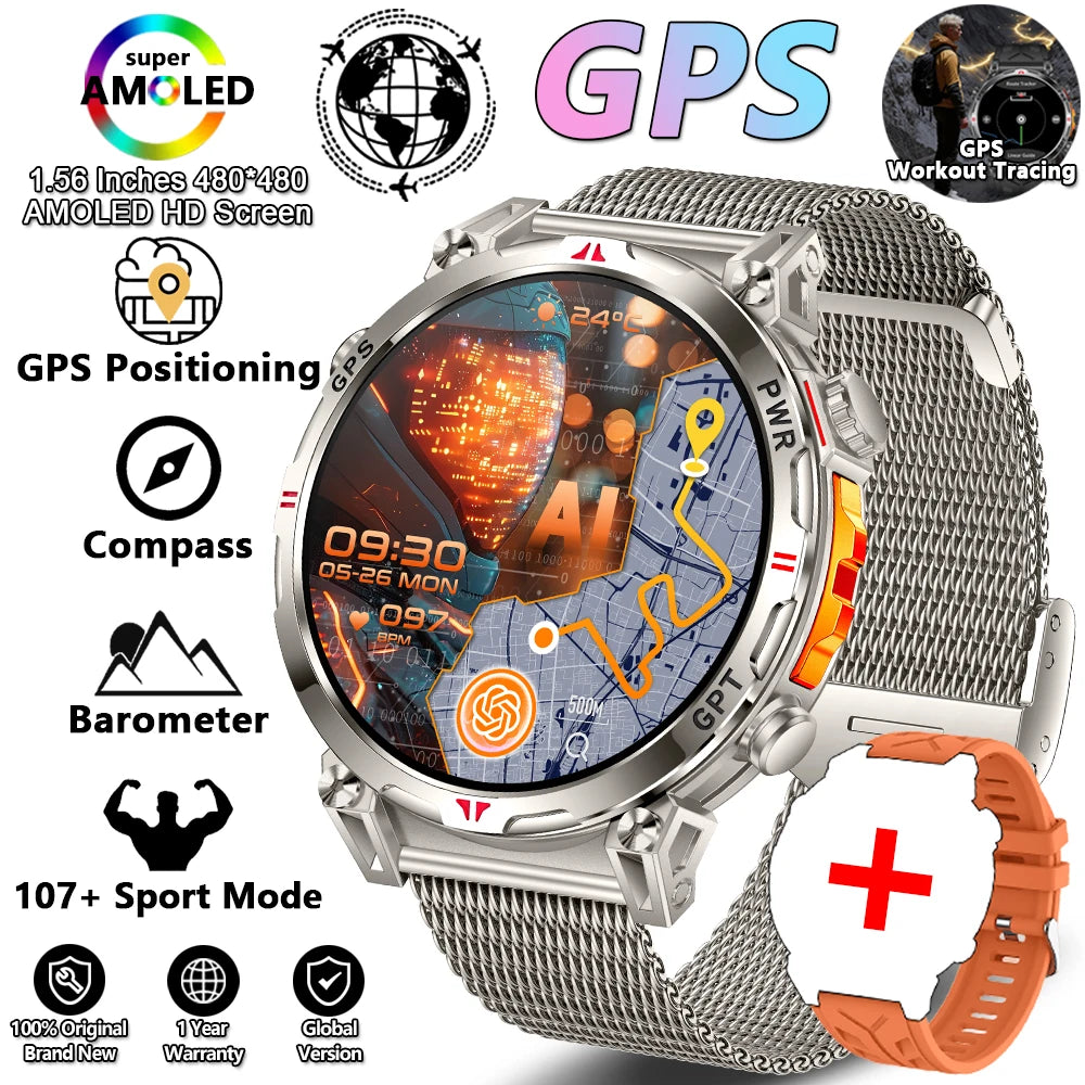 Outdoor Sports Smartwatch for Men – GPS, 1.56-inch AMOLED, 5ATM Waterproof, 650mAh Battery, Compass & HD Call