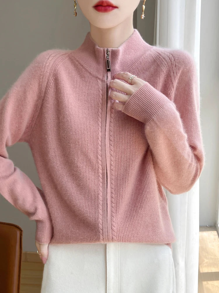 100% Wool Women’s Zipper Turtleneck Sweater – Casual Loose Knit Cardigan for Autumn/Winter