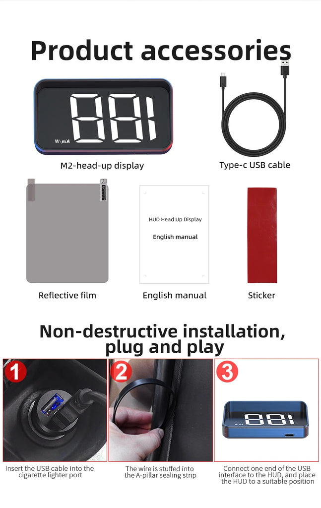 HD Car Head Up Display M2 GPS Speedometer KM/H Digital Windshield HUD Projector Universal Auto Accessory