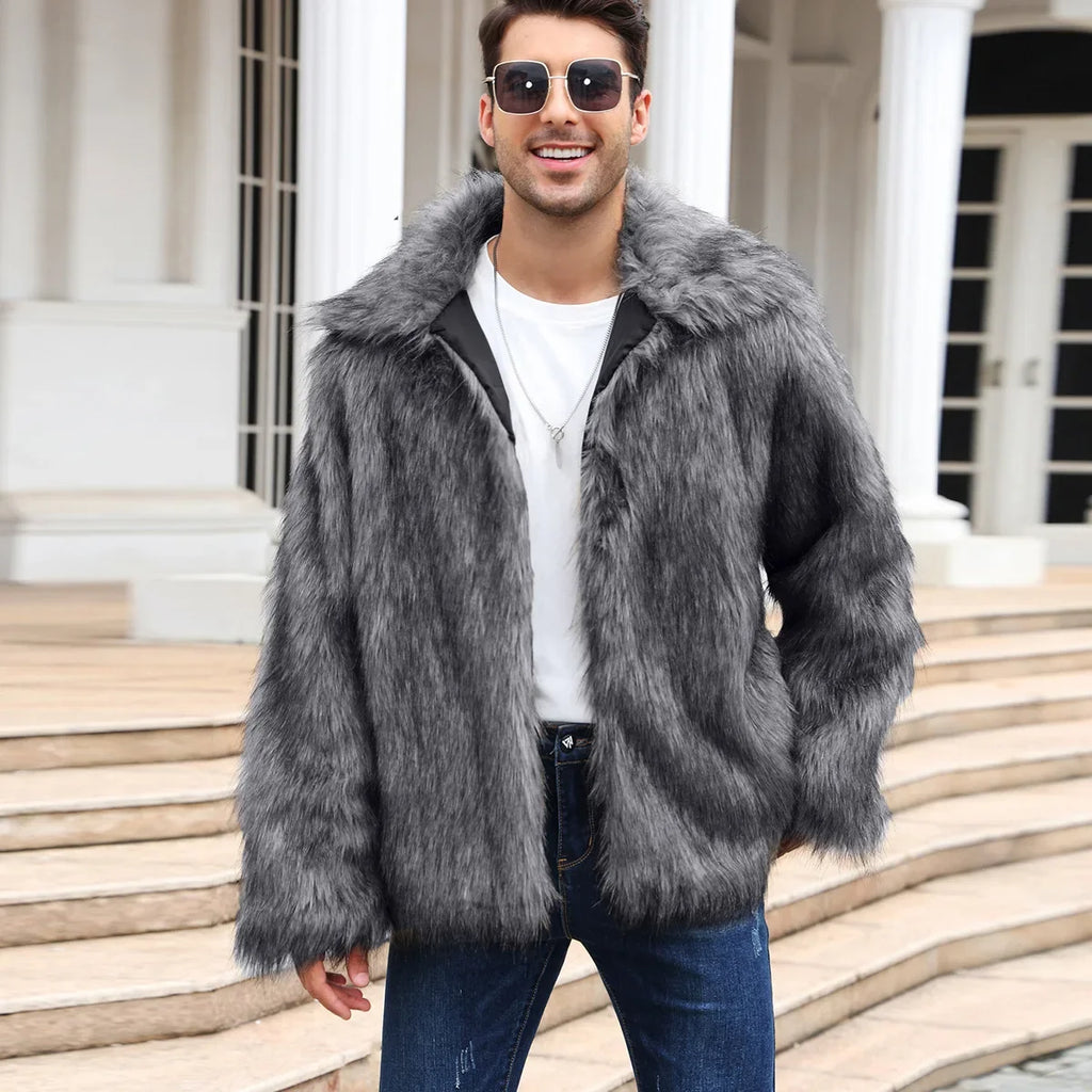 Men’s Faux Fox Fur Jacket Coat – Thick Shaggy Winter Outerwear