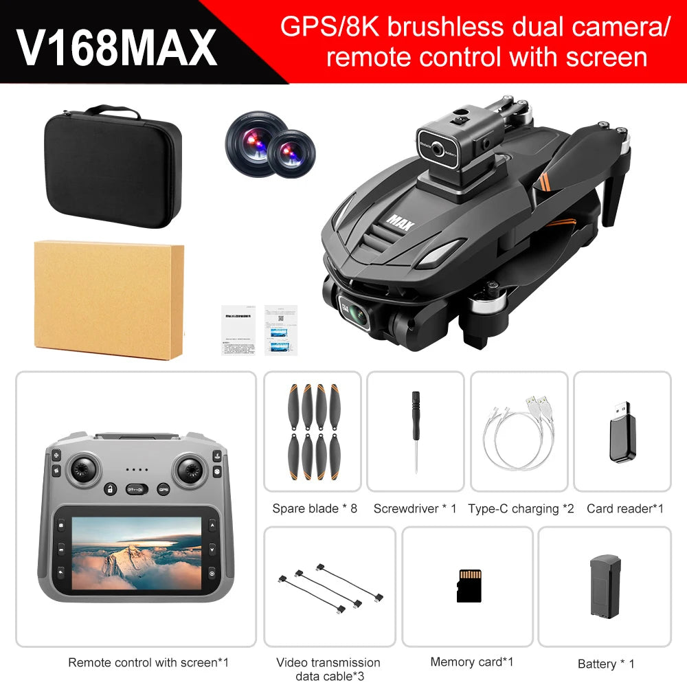 V168 Pro MAX 8K GPS Drone with 5G WIFI, 4.5" Screen, FPV, 360° Obstacle Avoidance & Brushless Motor RC Quadcopter