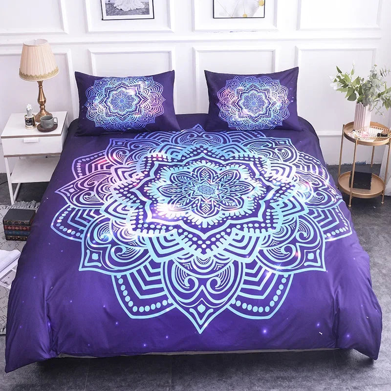 Mandala Lotus Flower Duvet Cover Set King Size Blue Purple Pink Bohemian 3D Print Bedding
