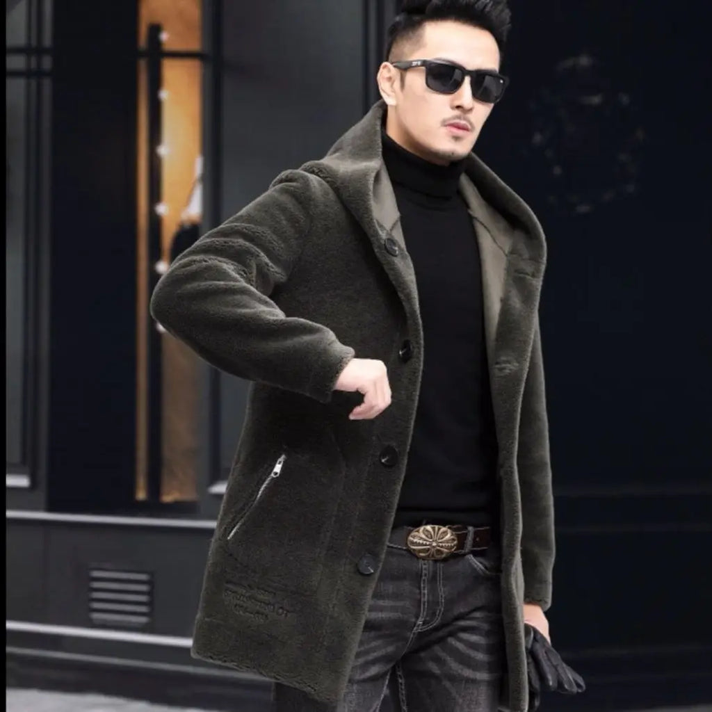 Men’s Winter Casual Thick Fleece Hooded Waterproof Jacket with Real Fur Wool Coat