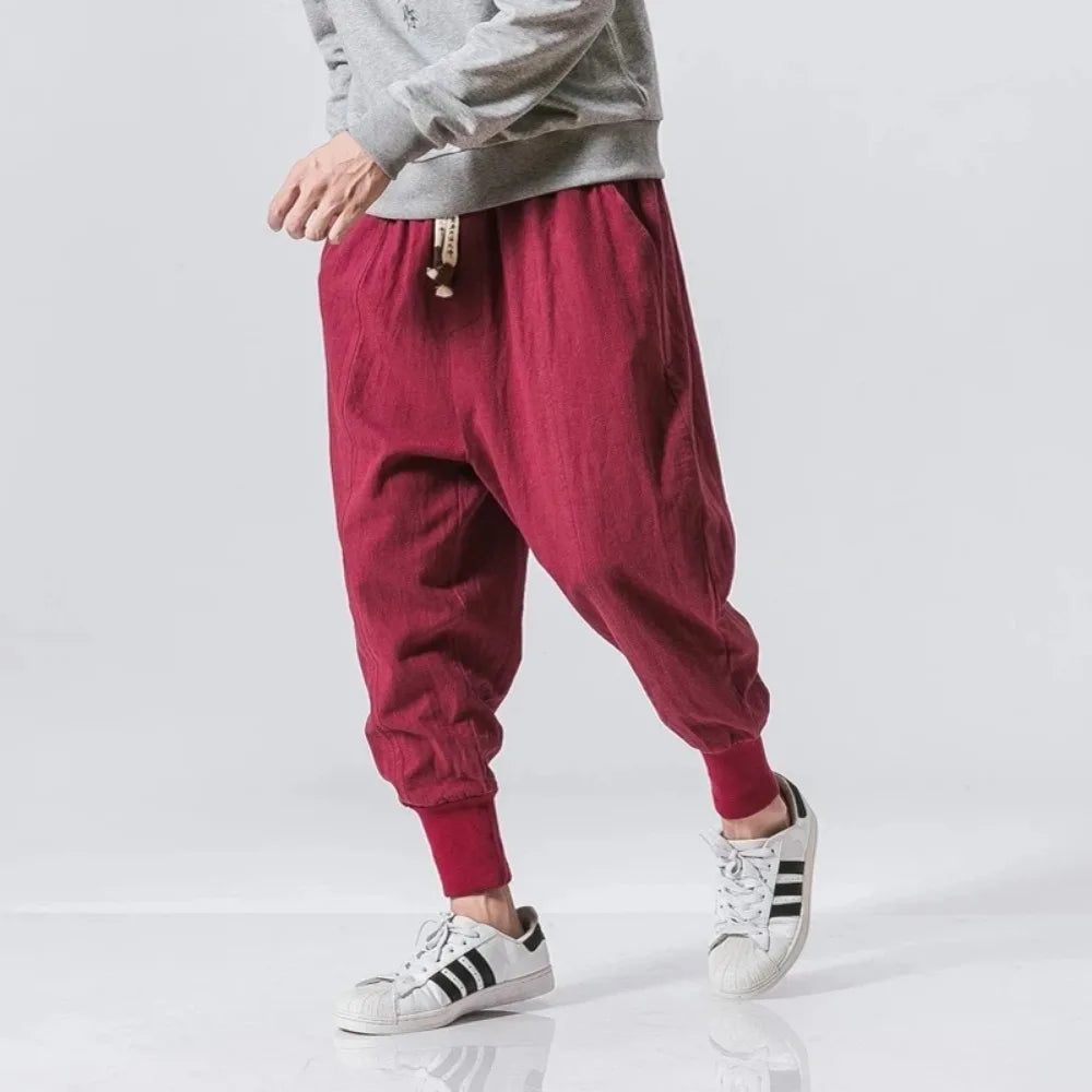 Men’s Cotton Linen Harem Pants – Baggy Streetwear Joggers with Elastic Waist