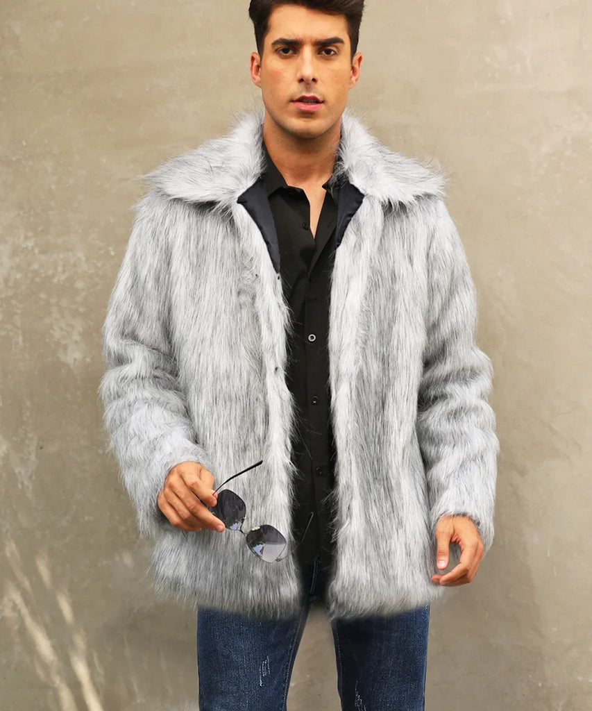 Men’s Faux Fox Fur Jacket Coat – Thick Shaggy Winter Outerwear