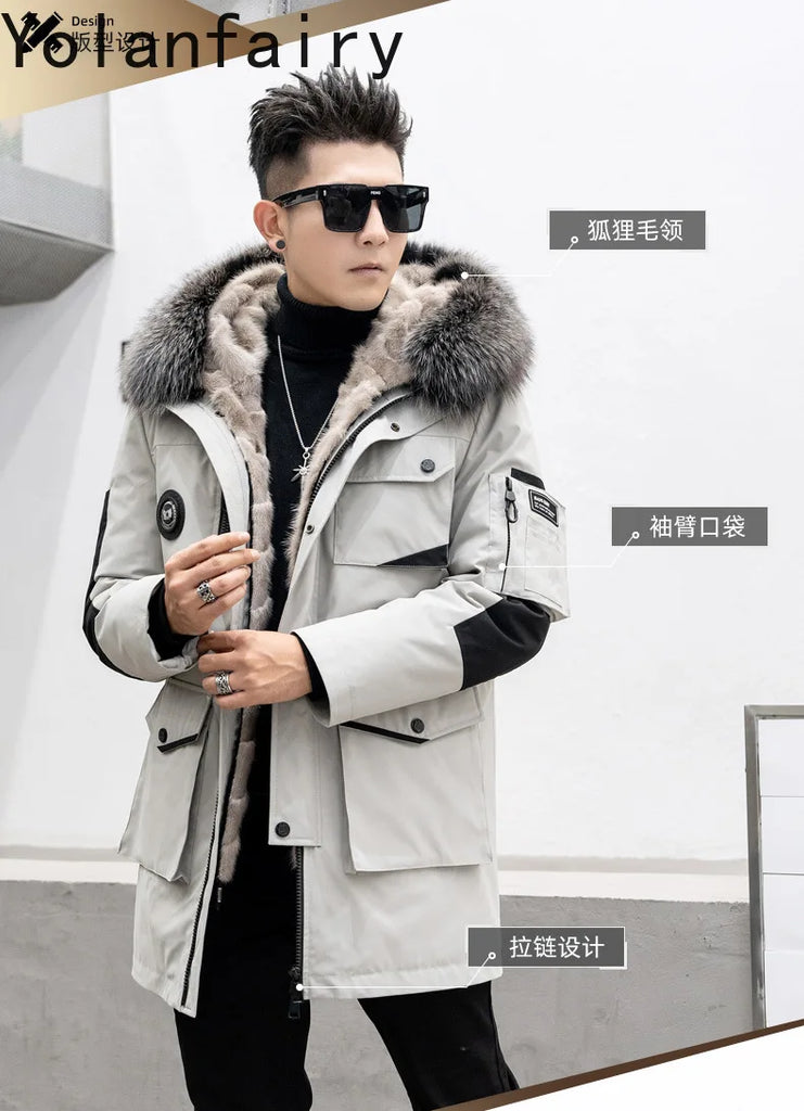 Real Mink Fur Inner Coat Men 90% Down 10% Feather Winter Mid-Length Jacket with Hood and Fox Fur Collar