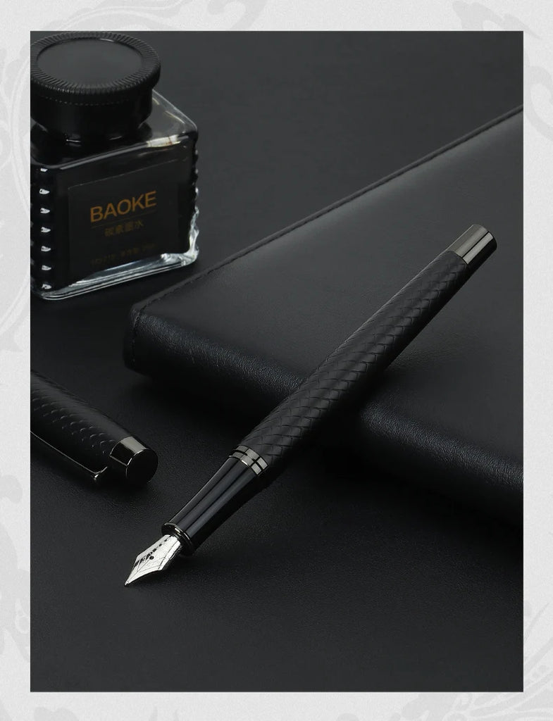 BAOKE T18/T19/T20 Black & Grey Fountain Pen Gift Set with Ink Bottle and 6 Cartridges – Stainless Steel Nib Metal Office Pen