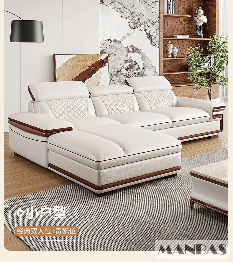 MINGDIBAO Italian Genuine Leather L-Shaped Sofa Set with Adjustable Headrests, Bluetooth Speaker & Wireless Charging