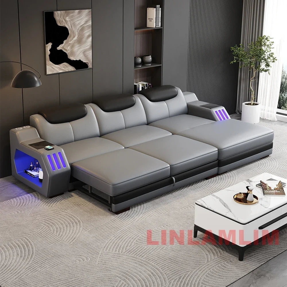 Modern L-Shaped Leather Sectional Sofa Bed with Adjustable Headrests, LED Lights, Storage & USB Ports