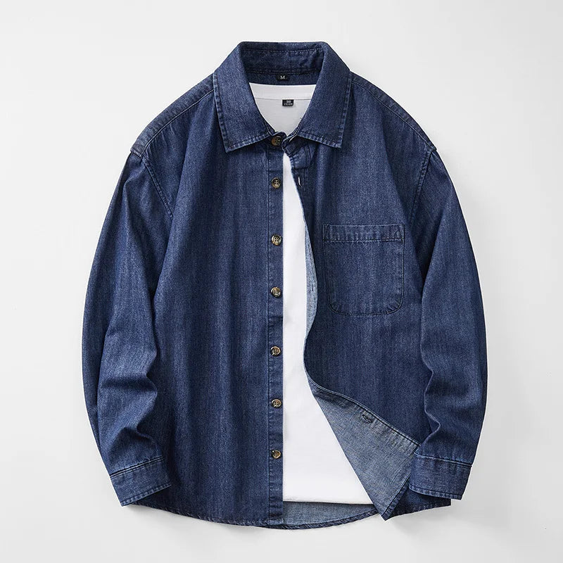 Men’s Casual Cargo Denim Shirt – Heavyweight Vintage Button-Down Workwear Shirt