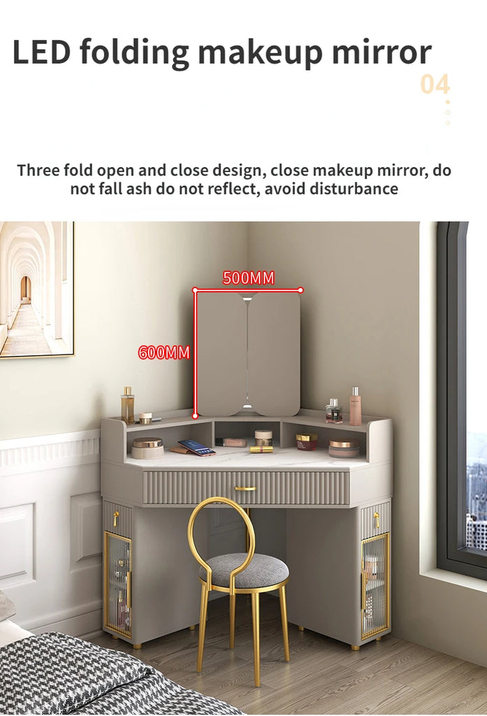 Luxury Solid Wood Corner Dressing Table with Mirror and Stool – Modern Minimalist Bedroom Furniture
