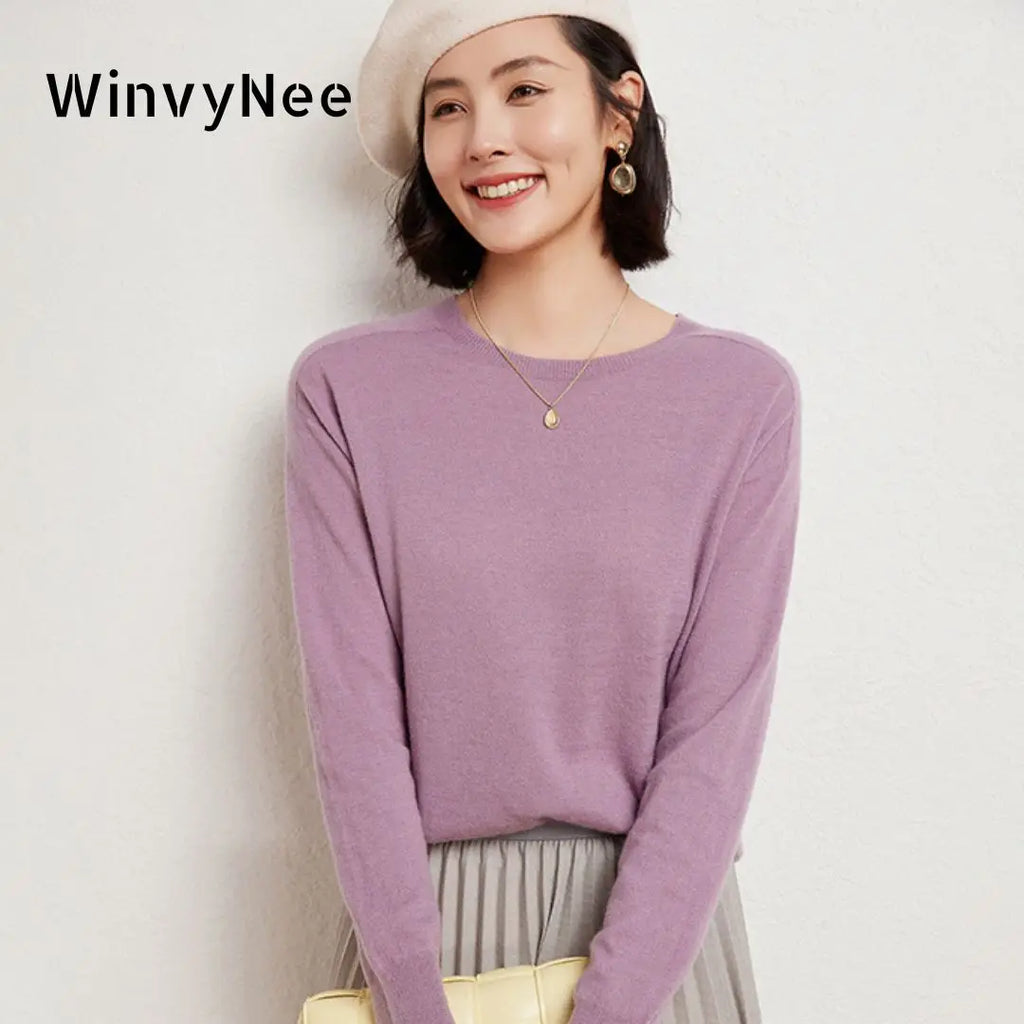 WinvyNee Women's 100% Wool Ribbed Crew Neck Sweater – Slim Fit Winter Knit Pullover
