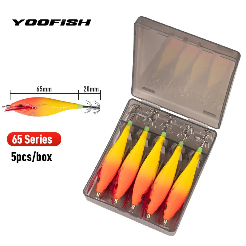 YOOFISH Luminous Horizontal Squid Jig (5pcs Set) – Premium Wood Shrimp Squid Hooks for Saltwater Fishing