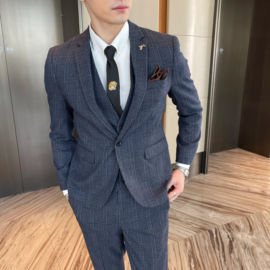 Men’s Modified Plaid Three-Piece Suit – Slim Fit England Style Vest & Trousers Set