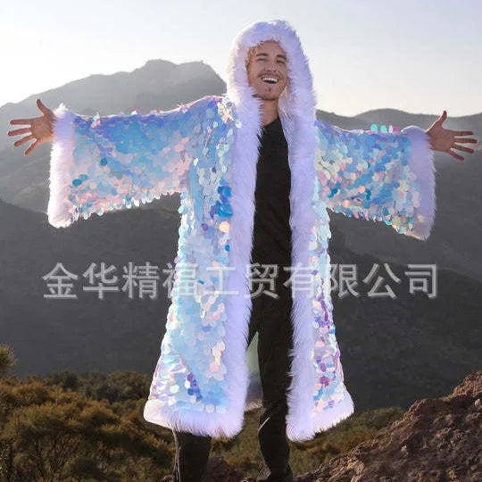 Men’s Faux Fur Long Coat with Sequins Hood – Fluffy Warm Winter Jacket for Party, Cosplay & Stage
