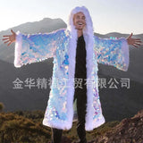 Men’s Faux Fur Long Coat with Sequins Hood – Fluffy Warm Winter Jacket for Party, Cosplay & Stage thumbnail 8