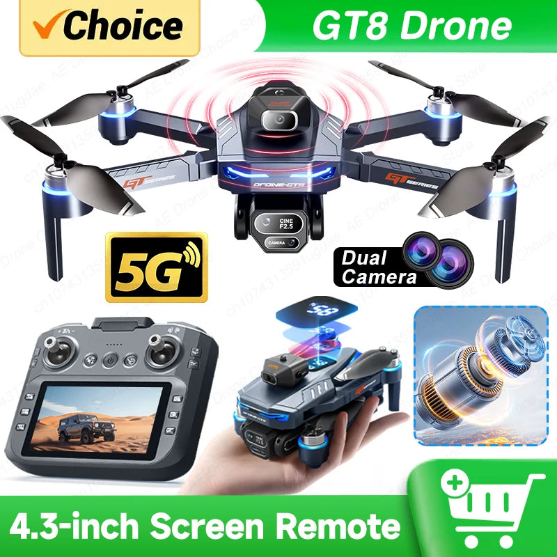 GT8 8K Professional HD Drone with Dual Cameras, 4.3” Screen Remote, Brushless Motor & Obstacle Avoidance – Foldable Quadcopter