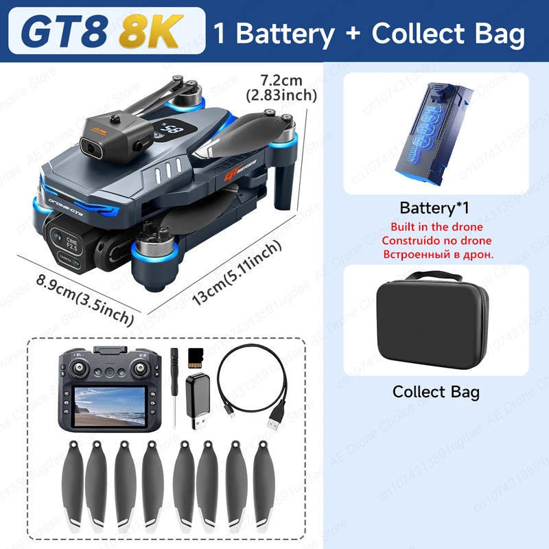 GT8 8K Professional HD Drone with Dual Cameras, 4.3” Screen Remote, Brushless Motor & Obstacle Avoidance – Foldable Quadcopter