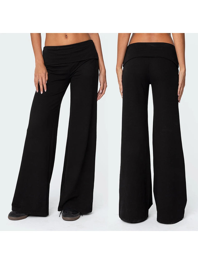 Casual Wide Leg Sweatpants for Women – Fold Over Low Rise Flare Yoga & Lounge Pants