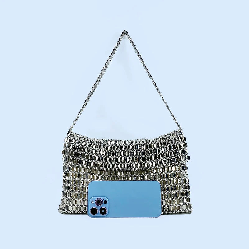 Retro Silver Sequin Metal Handwoven Shoulder Bag – High-End Women’s Square Handbag