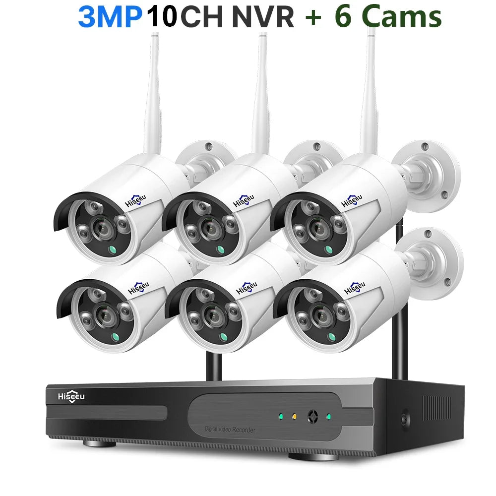 Hiseeu 3/5MP WiFi CCTV Camera Security System 10CH NVR Wireless Surveillance with IR Night Vision