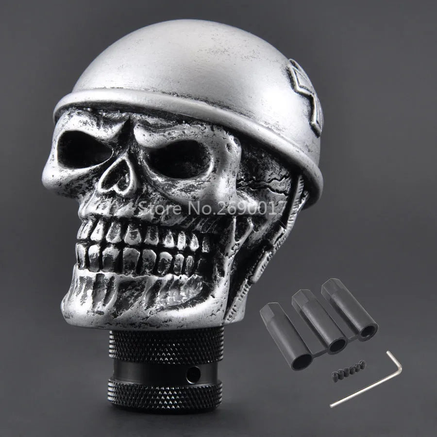 Silver Skull Helmet Universal Car Gear Shift Knob Lever – Heavy Resin & Metal Shifter for SUV, Truck, Coupe & Hatchback