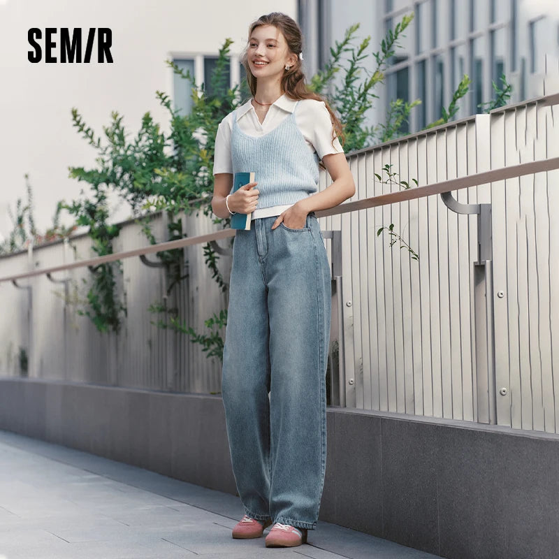 Semir Women’s 2025 Winter Wide-Leg Fleece-Lined Jeans – Full-Length Hong Kong Style Trousers