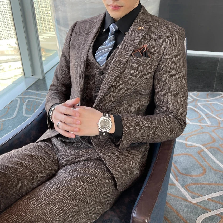 Men’s Modified Plaid Three-Piece Suit – Slim Fit England Style Vest & Trousers Set