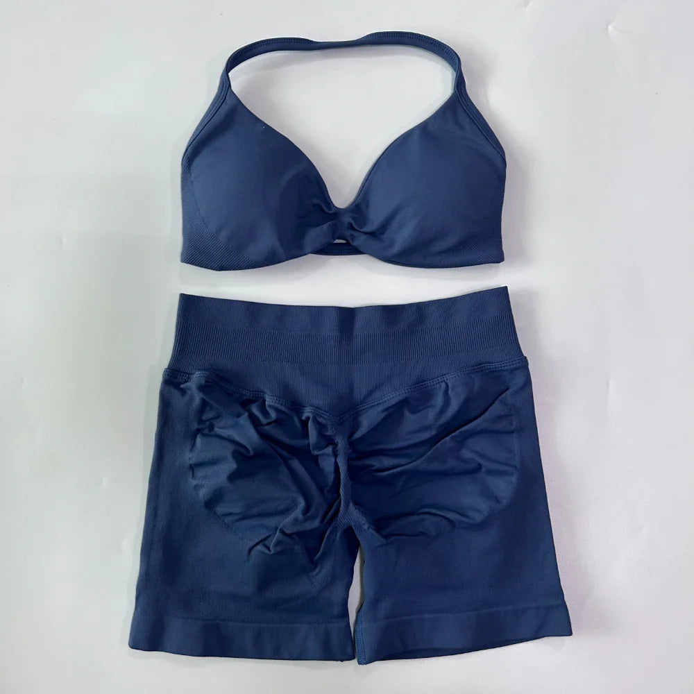 Women’s 2-Piece Seamless Gym Set – Strappy Yoga Bra & High-Waist Scrunch Shorts Workout Suit