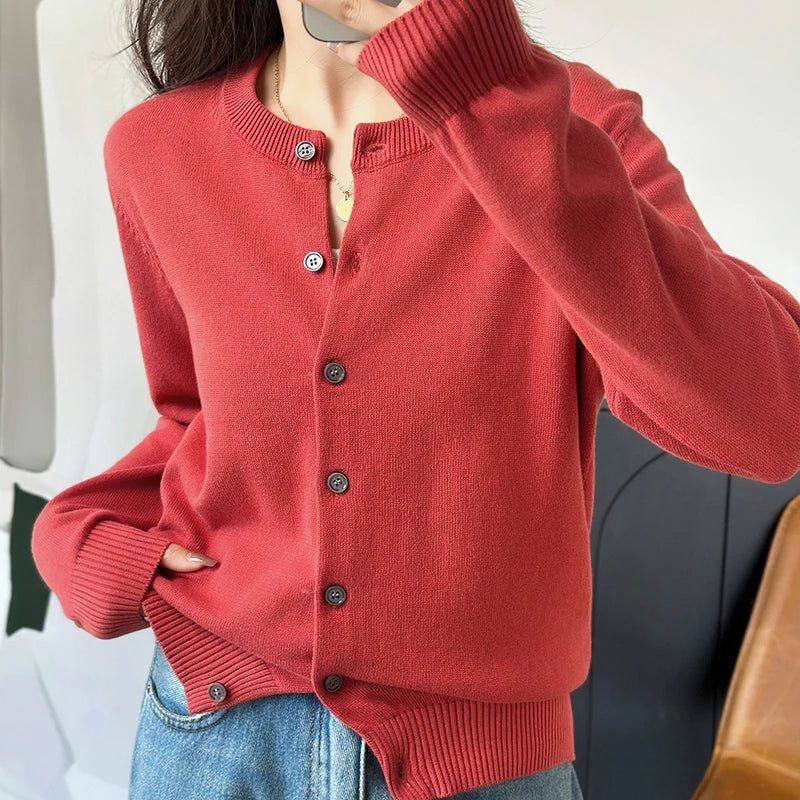 100% Cotton Women’s O-Neck Solid Cardigan – Luxury Designer Pullover