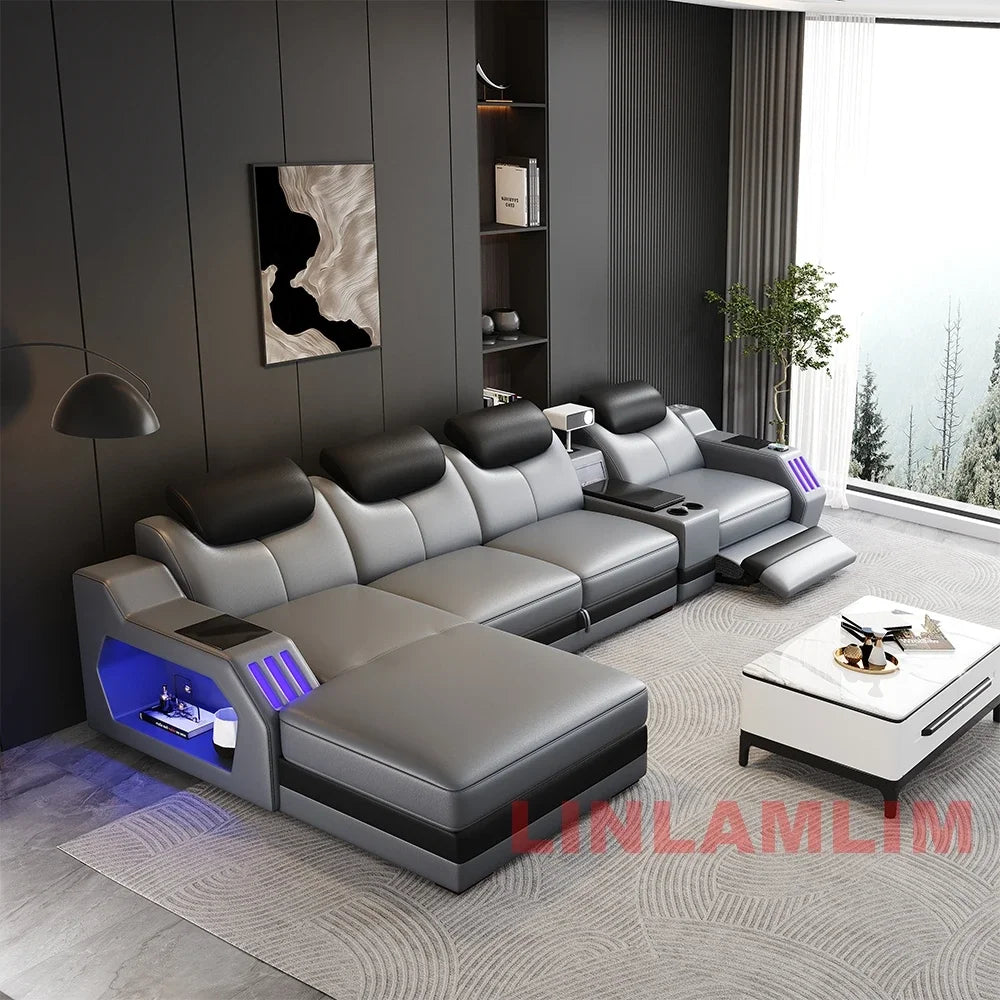 Modern L-Shaped Leather Sectional Sofa Bed with Adjustable Headrests, LED Lights, Storage & USB Ports