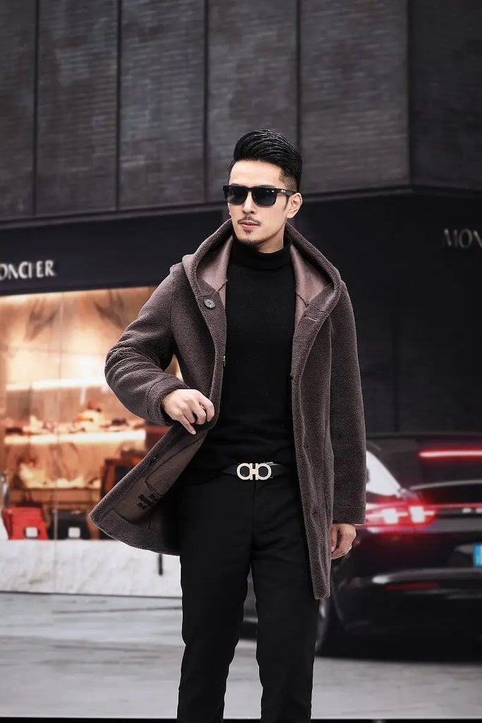 Men’s Winter Casual Thick Fleece Hooded Waterproof Jacket with Real Fur Wool Coat