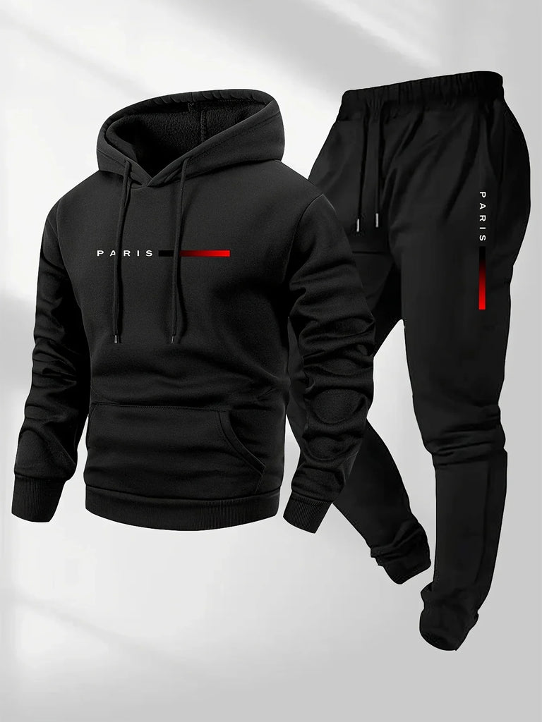 Men’s Hooded Sportswear Set – Letter Print Hoodie & Drawstring Pants Autumn Winter