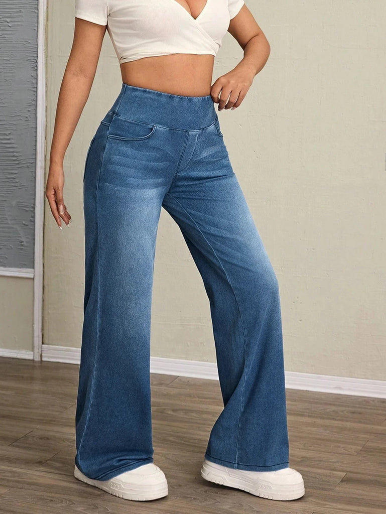 Women's High-Rise Wide-Leg Jeans – Stretch Denim Tummy Tuck Casual Pants