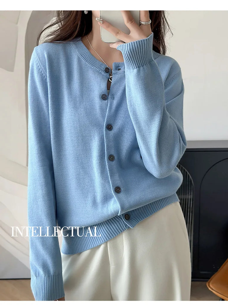 100% Cotton Women’s O-Neck Solid Cardigan – Luxury Designer Pullover