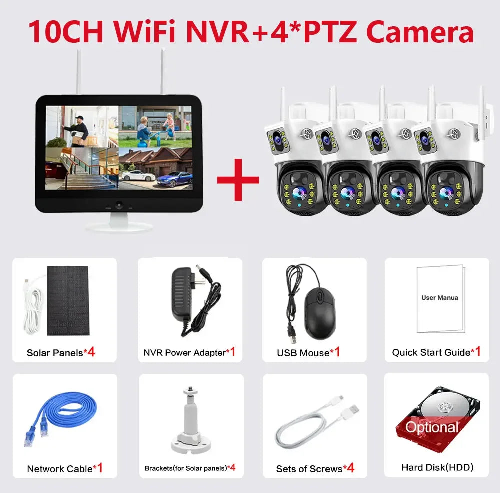 100% Wire-Free Solar PTZ Dual Lens 12.5" LCD Monitor 10CH WiFi NVR 8MP 4K Wireless Home Security Camera System