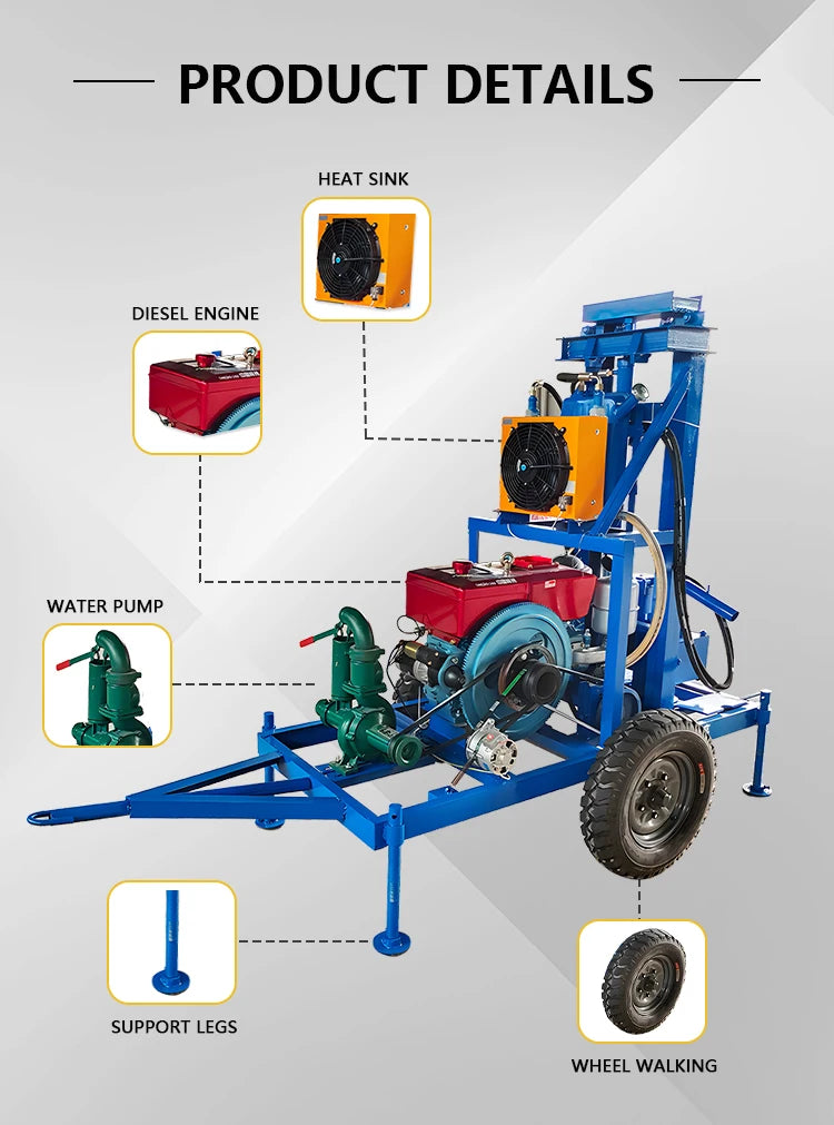 Well Drilling Rig Machine 22HP 25HP Petrol Diesel Mini Rotary Water Well Drilling Rig 100M–300M Borehole Drill with Crawler Option