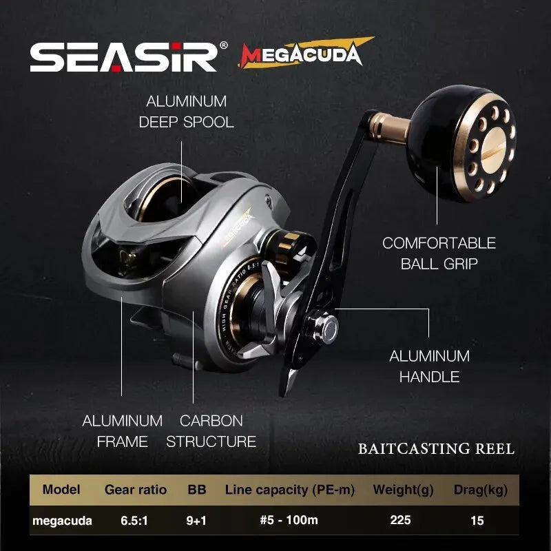 SeaSir Megacuda Baitcasting Reel – 15KG Drag, 9+1BB, 6.5:1 Gear Ratio, Deep Spool Aluminum & Carbon Jigging Reel for Saltwater Fishing