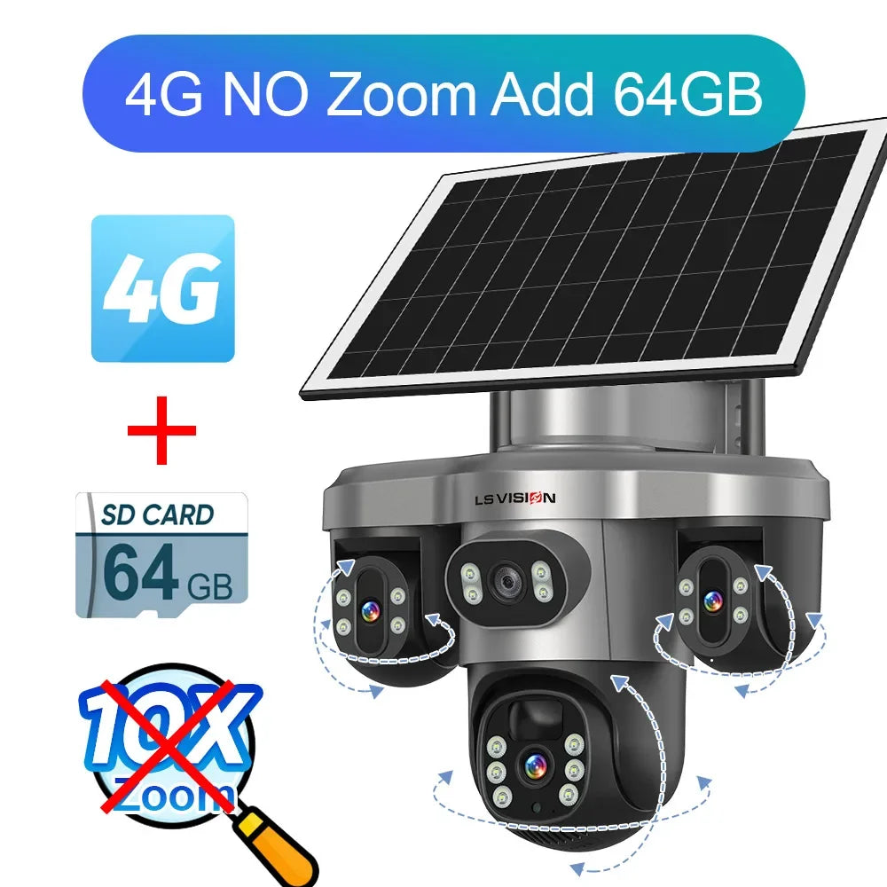 LS VISION 20MP 4-Lens Three Screen 4G/WiFi Solar Security Camera with 10X Optical Zoom and Auto Tracking