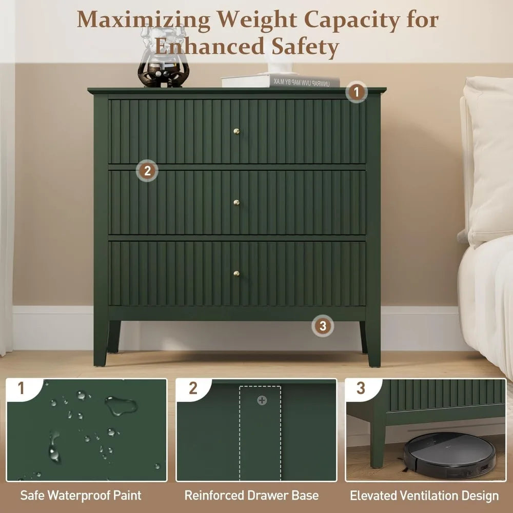 Green Fluted 3 Drawer Modern Dresser Nightstand – 32 Inch Wide Wood Chest of Drawers