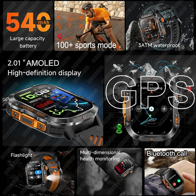 Military-Grade GPS Smartwatch for Men – 2.01” AMOLED, Bluetooth Calling, 3ATM Waterproof, 100+ Sports, 540mAh Battery