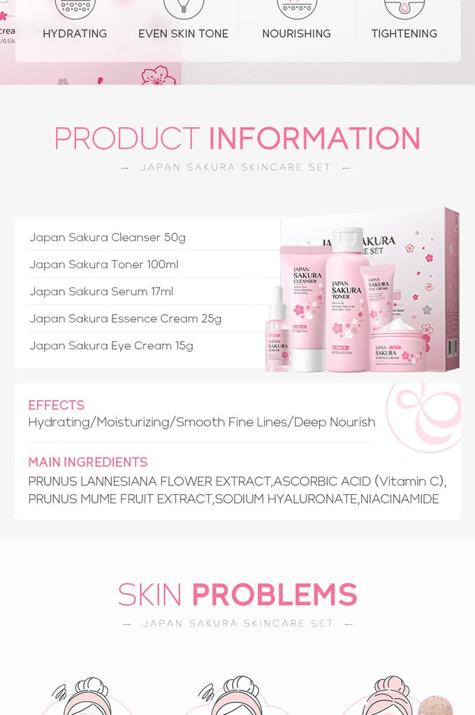 LAIKOU Sakura 5 Piece Skin Care Set Moisturizing Brightening Fine Line Reducing Facial Kit