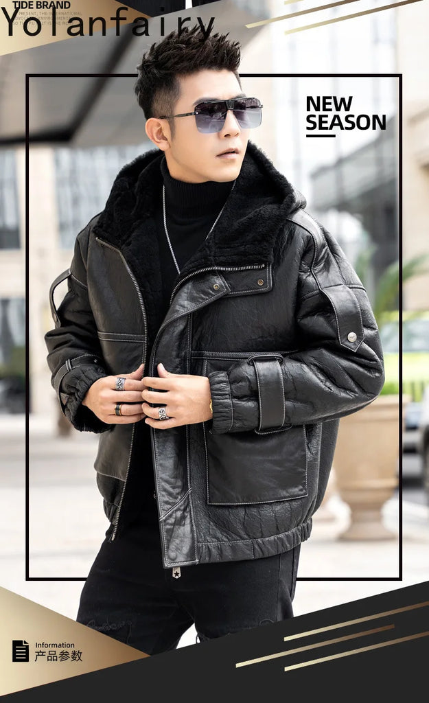 Men’s Natural Sheepskin Leather Jacket with Real Fur Hood – Winter Wool Lined Fur Coat