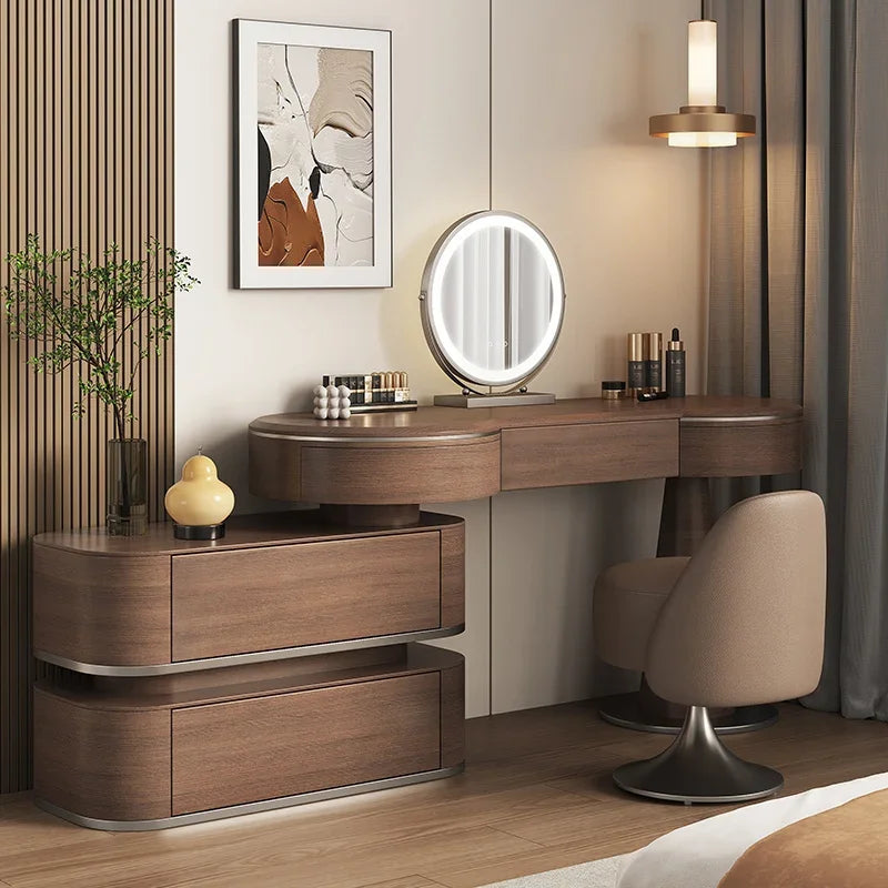Luxury Modern Bedroom Dressing Table with Mirror, Makeup Stool, and Storage Drawers