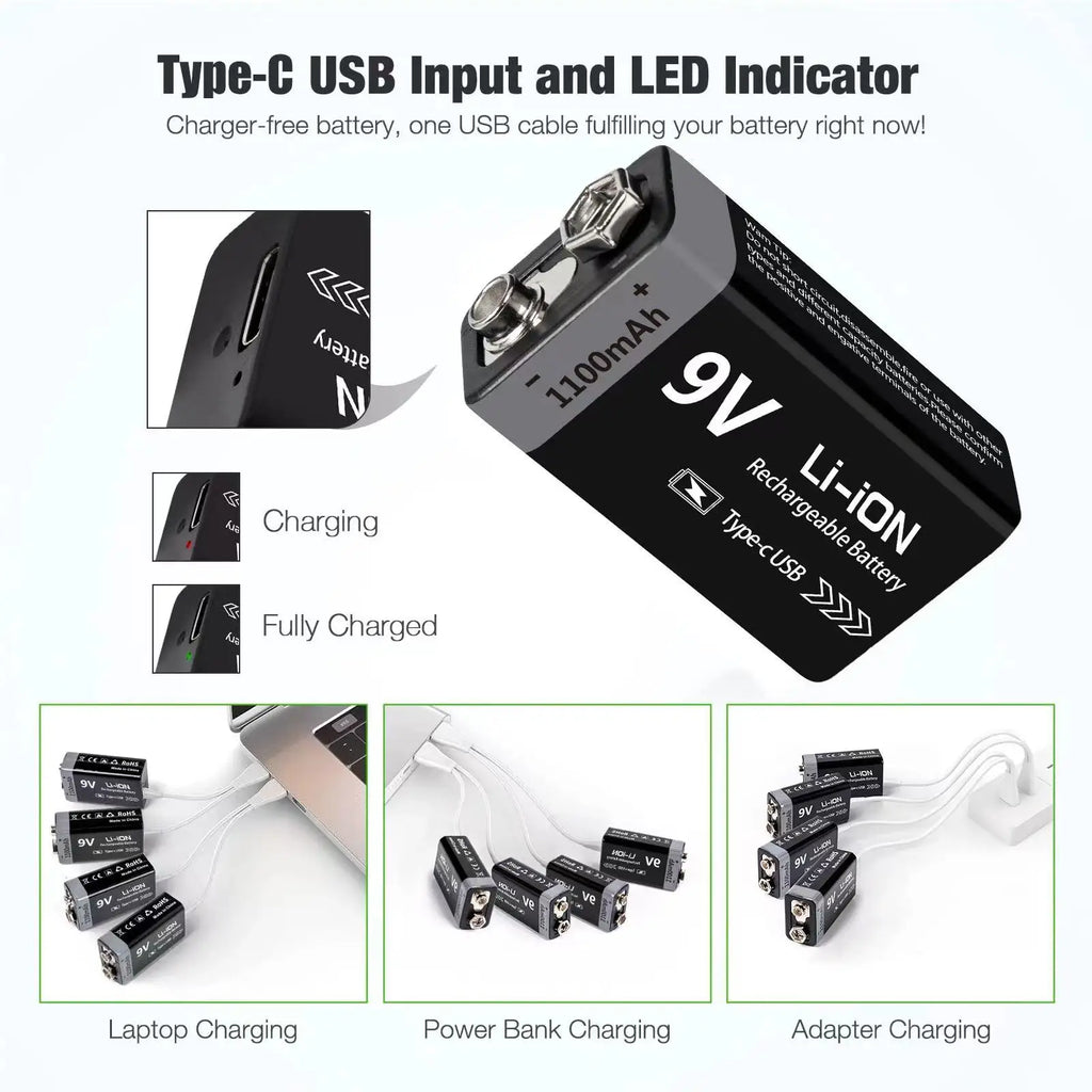 MATOV 9V 1100mAh USB Rechargeable Li-ion Battery – Type-C Charging | Long-Lasting Power for RC, Multimeters, Alarms & More