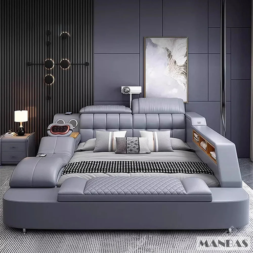 MANBAS Luxury King Size Genuine Leather Smart Bed with Massage, Storage, USB & Projector